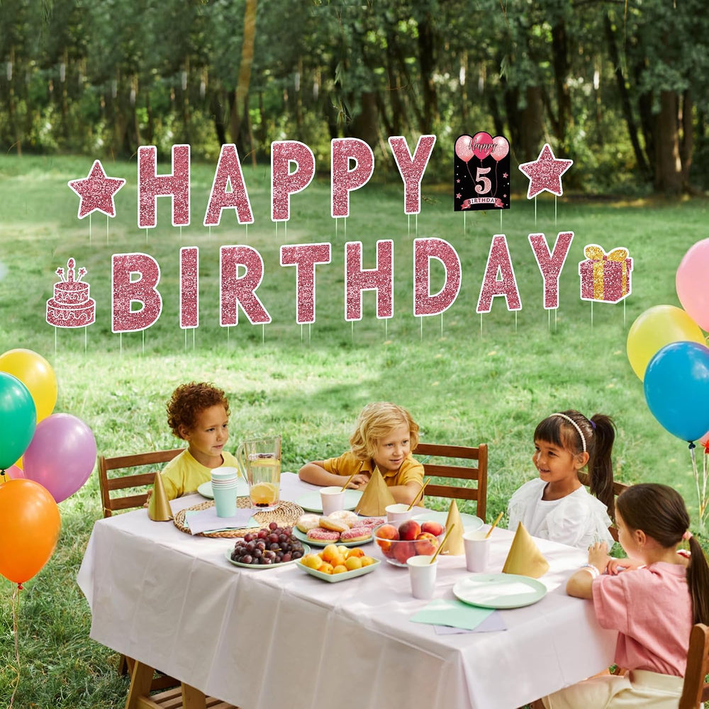 18 Pcs Happy Birthday Yard Sign with Stakes, Pink Happy Birthday Yard Sign wi...