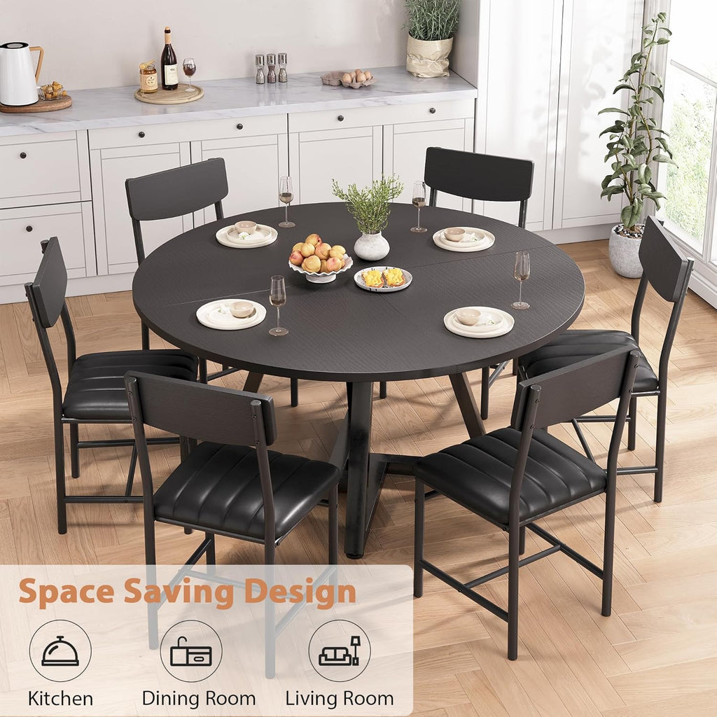 Round Dining Table Set for 6, Kitchen Table and Chairs for 6, Circle Table Round Pedestal Dining Room Dinner Dinette Table Set,7 Piece Space Saving Wood Kitchen & Dining Room Tables (Black, 51In)