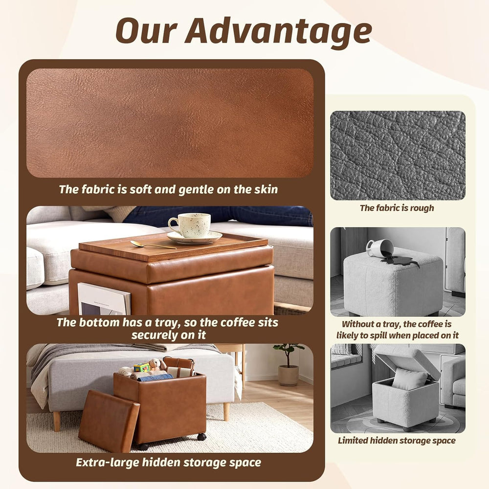 16" Faux Leather Storage Ottoman Foot Rest Stool with Wooden Tray, Foots...