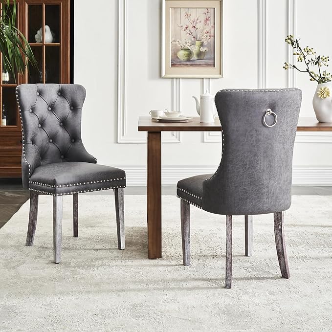 Kiztir Leather Dining Chairs Set of 2, Upholstered Dining Chair with Nailhead Trim and Solid Wood Legs, Luxury Wingback Dining Side Chair for Living Room, Bedroom, Kitchen (Grey)