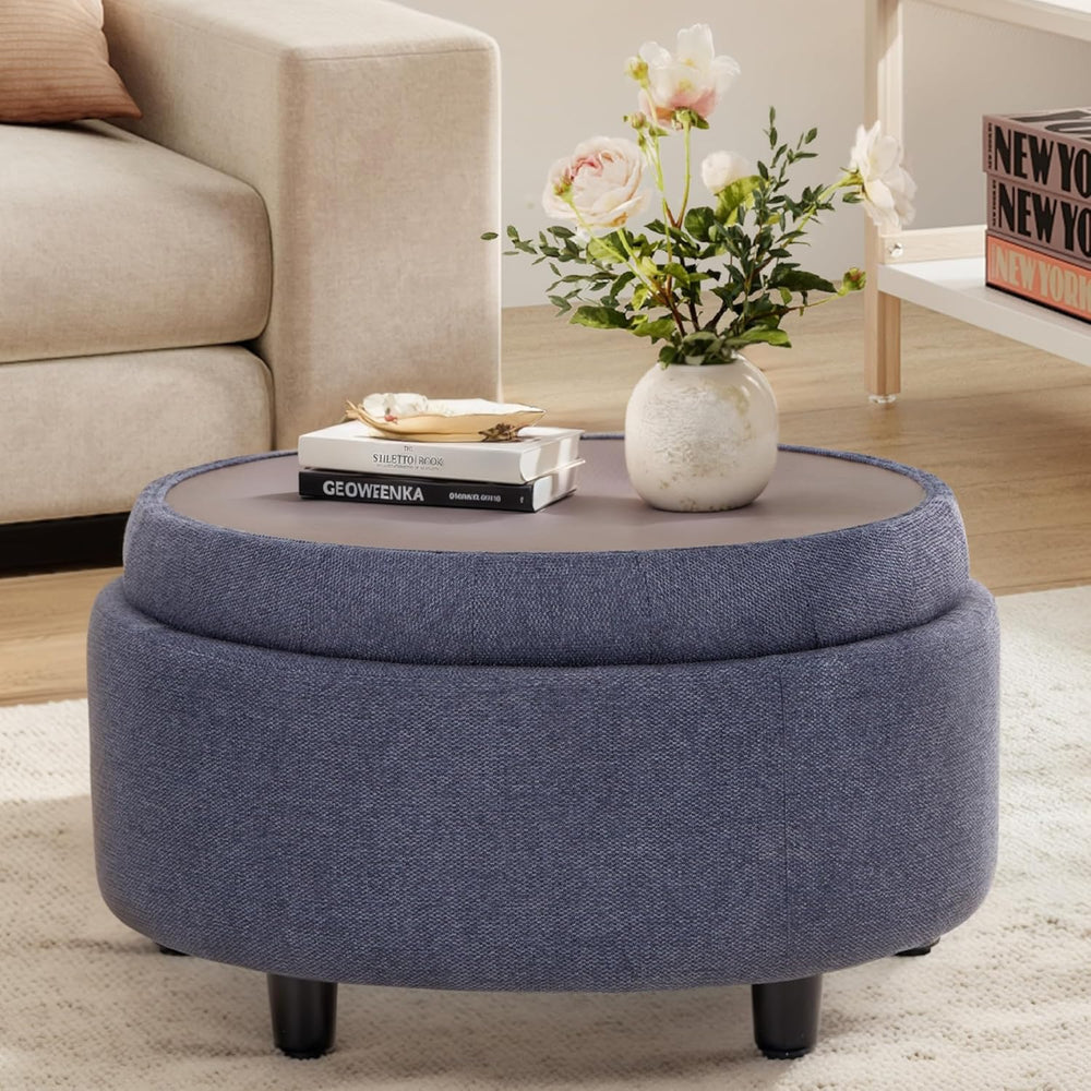 COLAMY Fabric Round Storage Ottoman with Reversible Tray Lid – Multi-Function...