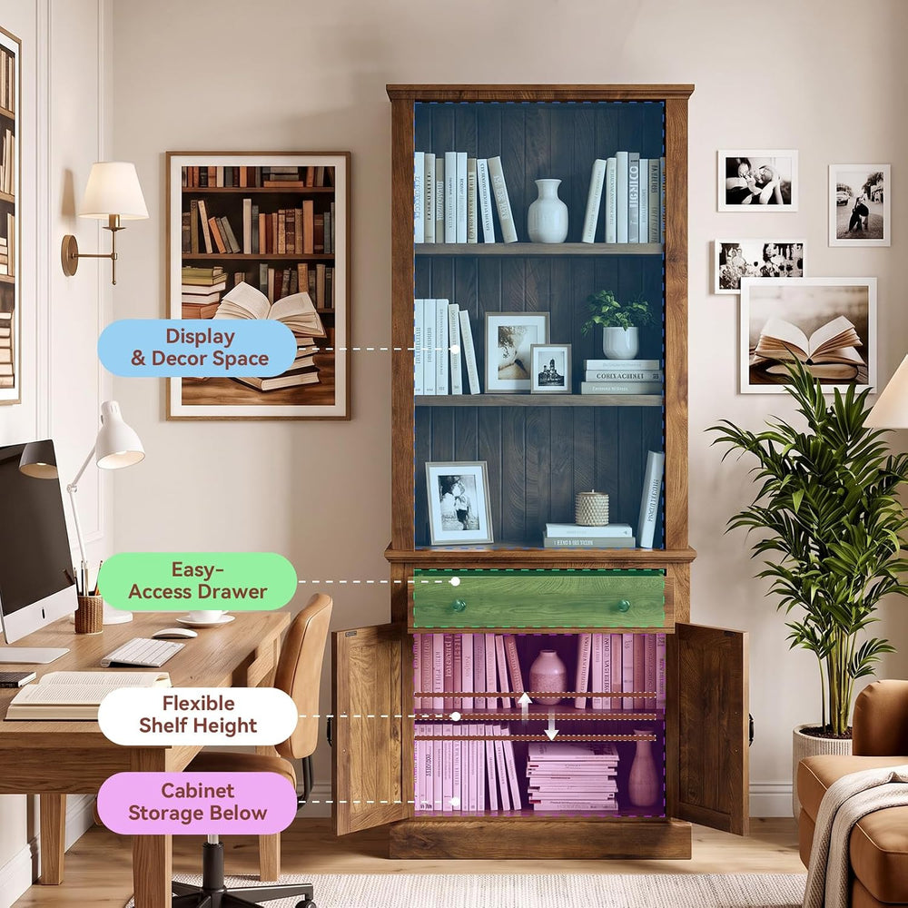 80" Tall Bookcase with Drawer and Doors, Farmhouse Bookshelf,Oak
