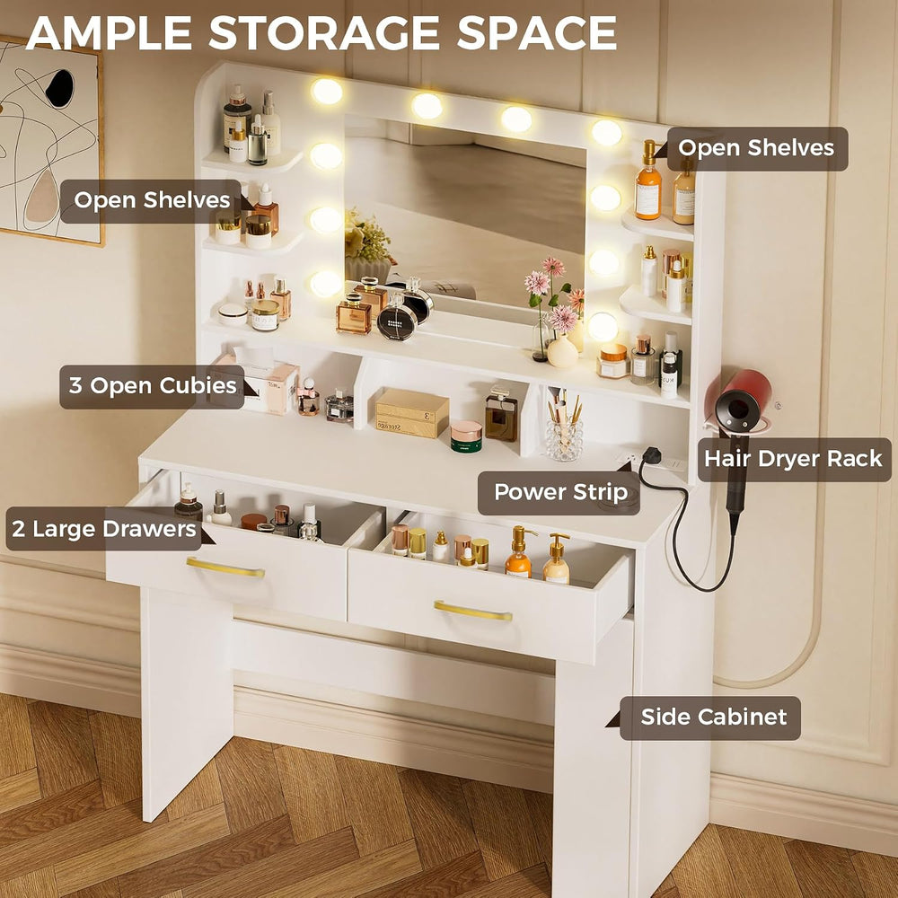 COMHOMA Vanity Desk with Mirror and Light, Small Makeup Vanity with Storage D...