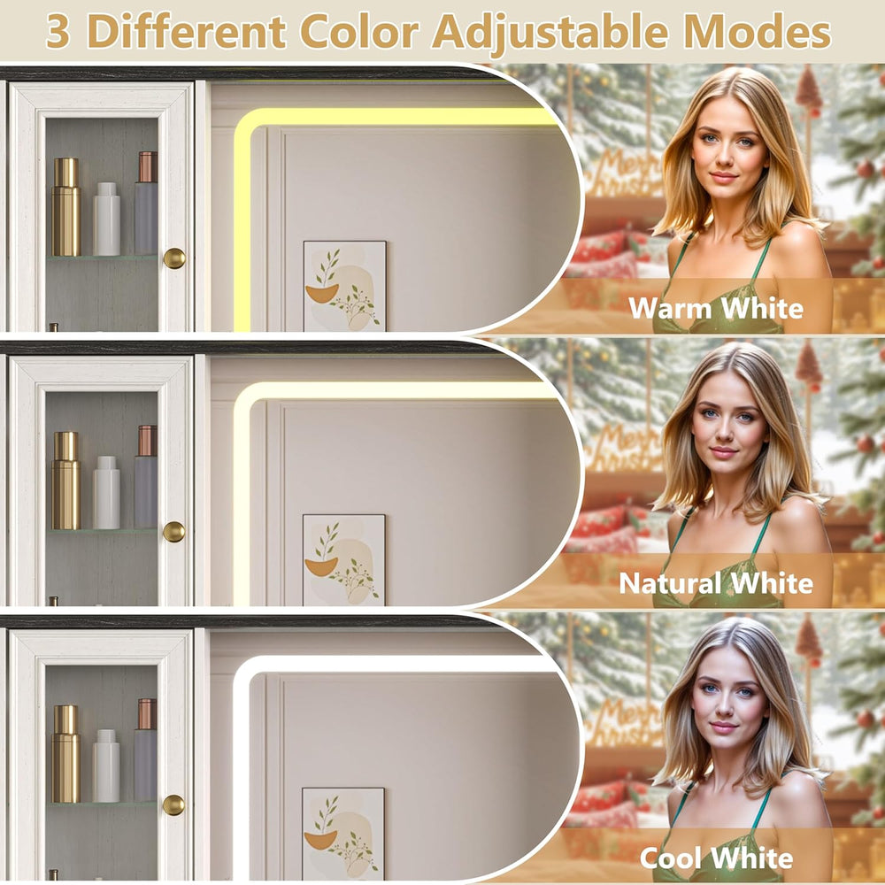 HUANLEGO Farmhouse Makeup Vanity Desk with Mirror and LED Lights, White | Van...