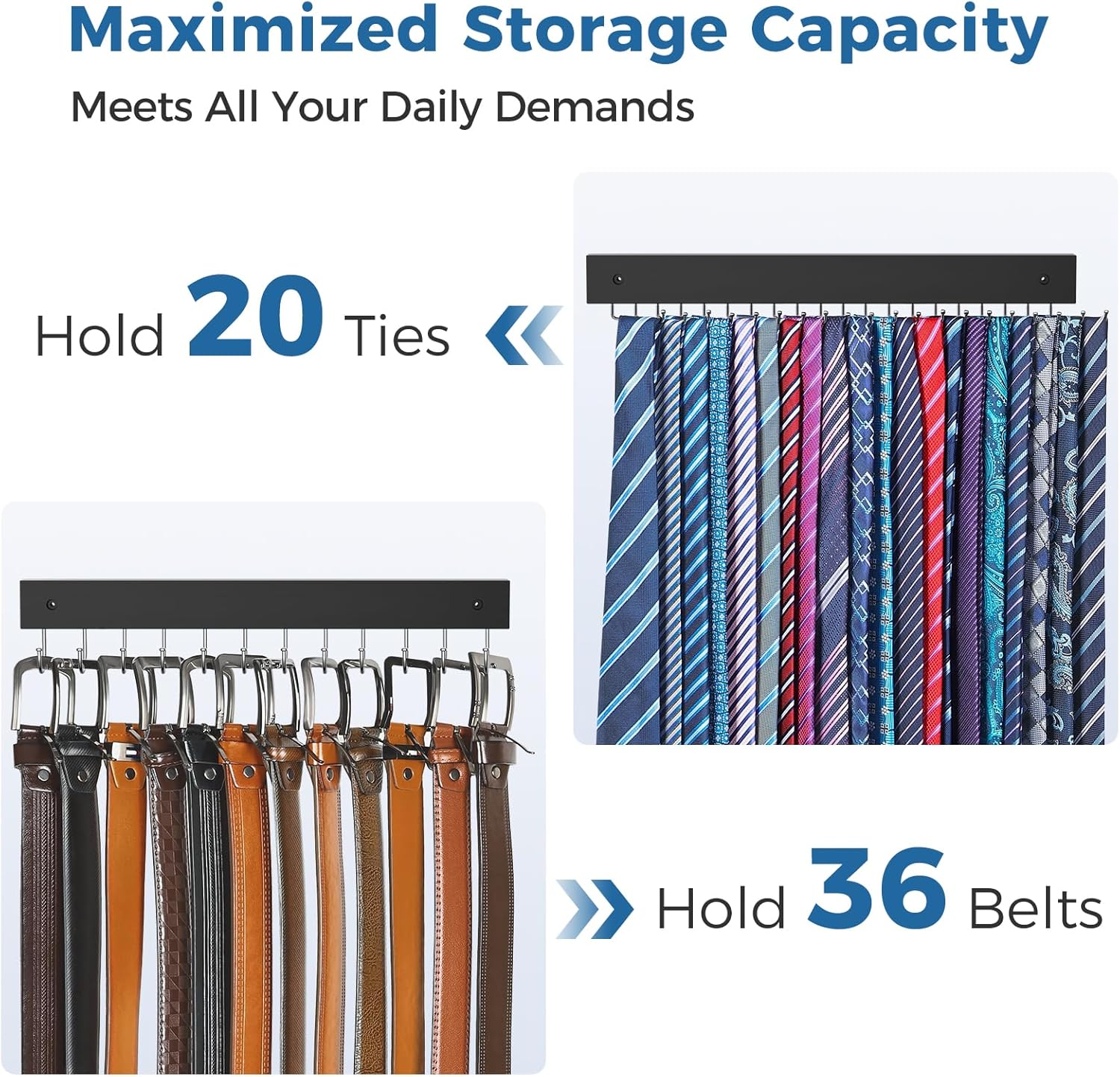 Tie and Belt Rack Wall Mount 2 Pack, Max 20 Tie Storage & 36 Belt Organizer, 180° Rotating Space Saving Tie Holder Belt Hanger for Closet Wall Mounted