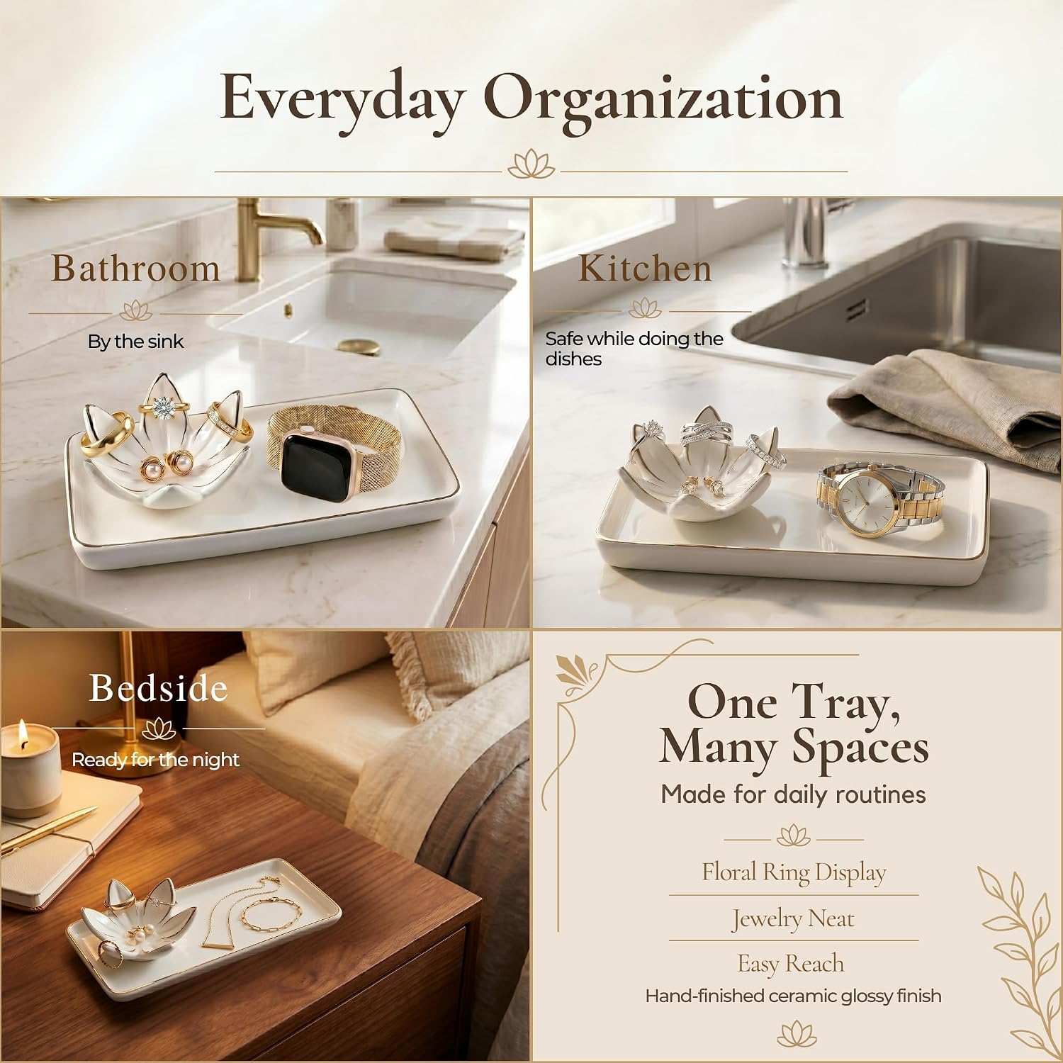 Mystic Touch Ceramic Jewelry Dish with Flower Ring Holder [Golden Trim]