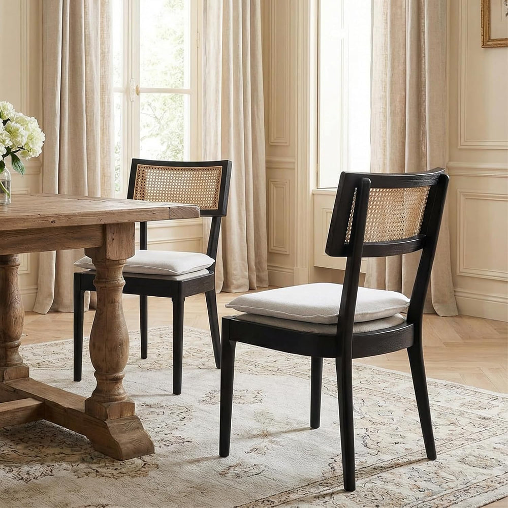 Rattan Dining Chairs Set of 2, Linen Upholstered Kitchen Chairs
