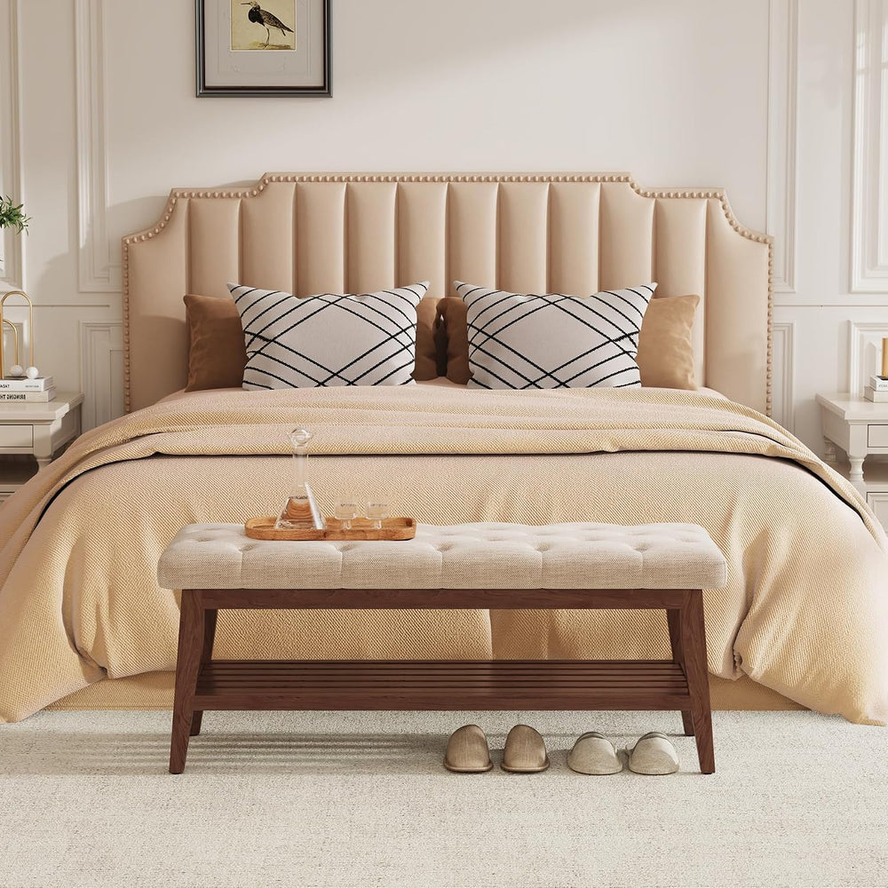 LEILISI Entryway Bench with Storage, Linen Upholstered Bench(Beige, 39.4'...