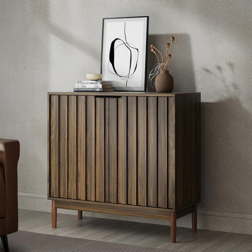 Fluted Buffet Cabinet with Storage, Small Accent Cabinet, Brown