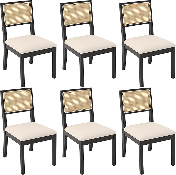 Westice Rattan Dining Chairs Set of 6, Farmhouse Natural Dining Room Chairs with Upholstered Cushion, Wood Armless Chairs for Kitchen/Restaurant, Black