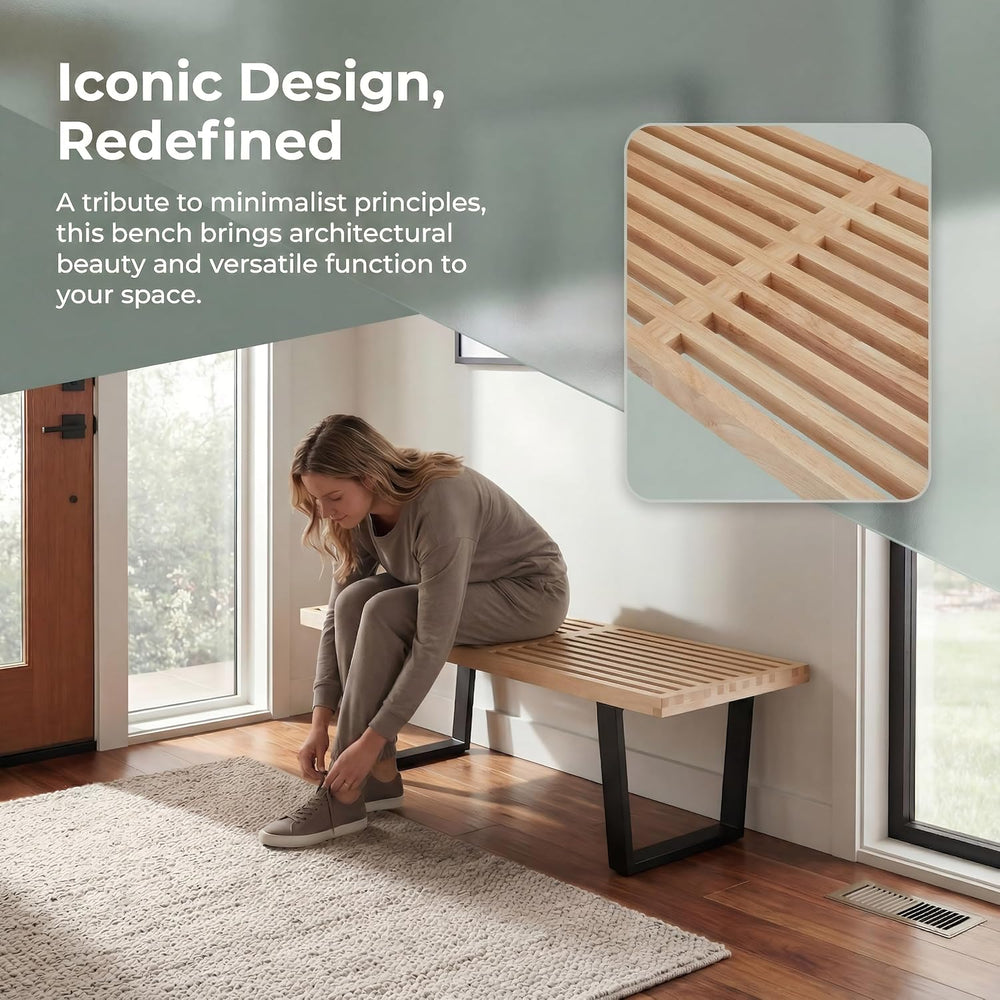 HNY Modern Entryway Bench Wood Dining Bench Minimalist Nelson Bench with Meta...