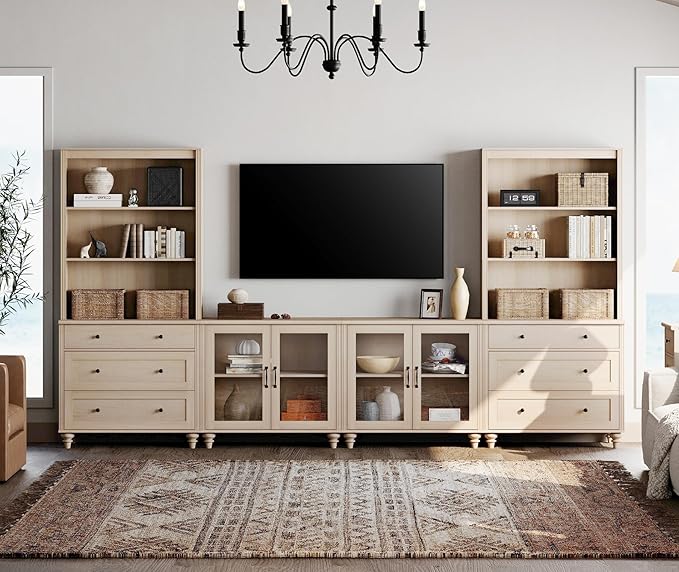 WAMPAT Entertainment Center with Bookshelves with Glass Doors & Drawer, Farmhouse Wall Unit TV Stand for TVs up to 75", Media Console Table for Living Room, Bedroom & Home Theater, Beige
