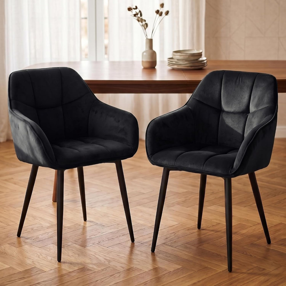 Modern Black Velvet Dining Chairs Set of 2, Upholstered Tufted Side Chairs wi...