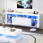 71" Floating High Gloss LED TV Stand for up to 85" TVs, Wall-Mounted Entertainment Center, Modern Media Console w/USB Outlets, Open Adjustable Glass Shelf&Hidden Storage Cabinet, White