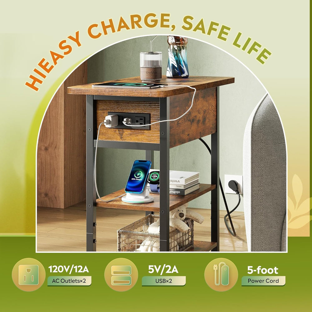 WLIVE End Table with Charging Station, Flip Top Narrow Side Table with Storag...