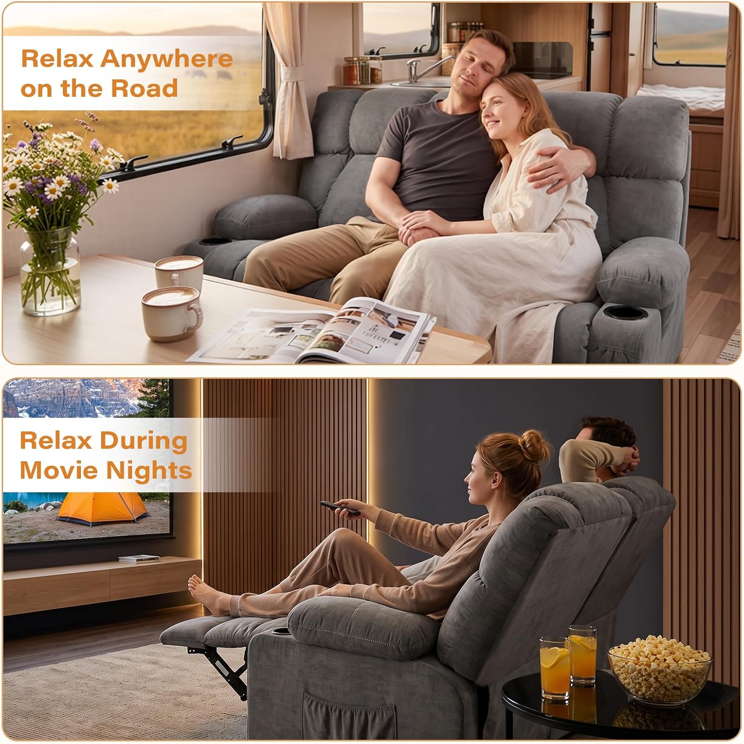 Oversized Fabric Reclining Loveseat Sofa for Living Room with Cup Holders | 2-seat recliner sofa with side pockets, padded seats and adjustable footrests for home theater, family room and relaxation
