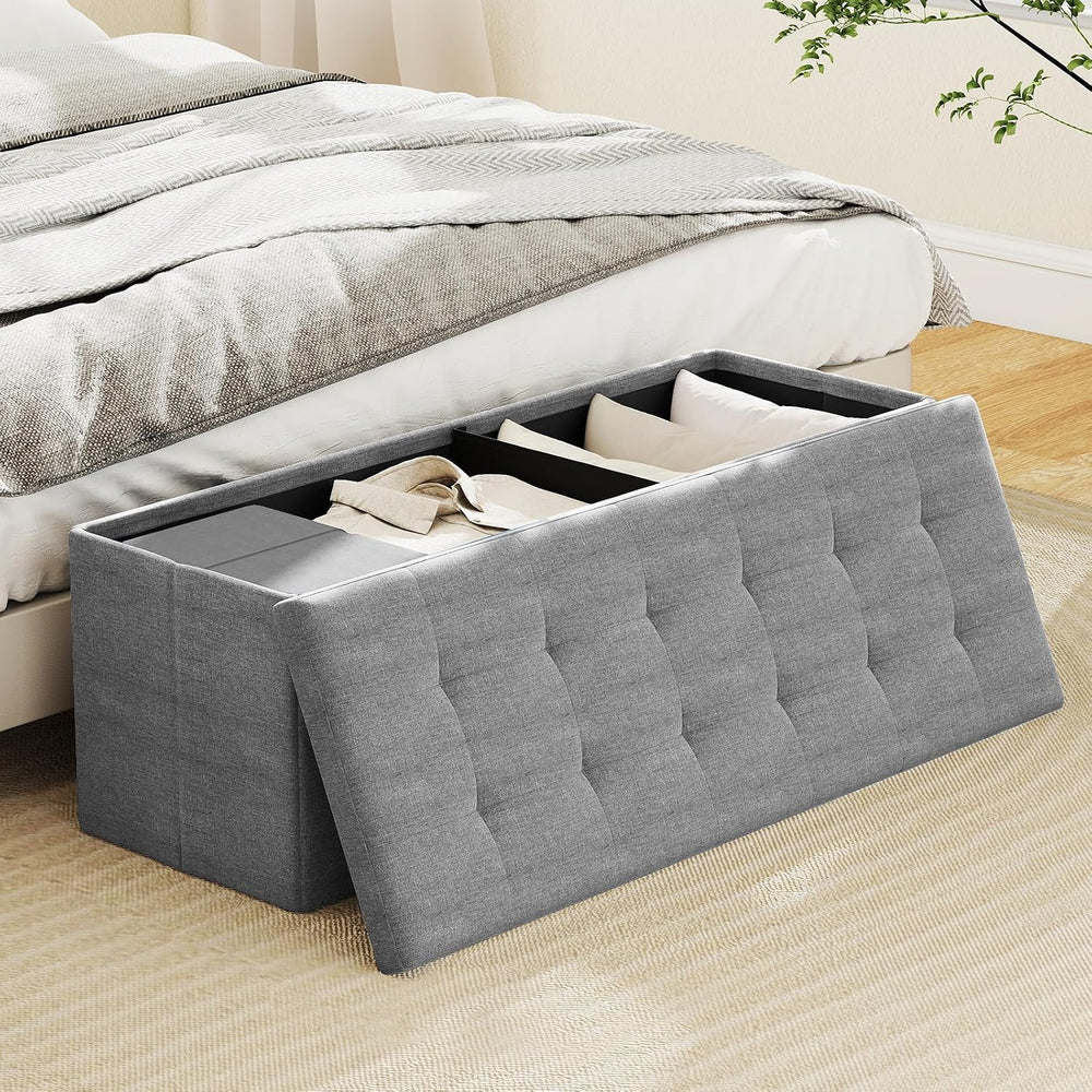 GOFLAME 43 Inches Folding Storage Ottoman Bench, Linen Fabric End of Bed Benc...