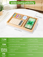 Bamboo Valet Tray with Dual Wireless Charger - EDC Nightstand Organizer for Men - Desk Tray & Catchall for Phone, Watch, Keys - Aesthetic Desk Accessories & Father’s Day Gift for Men (Natural)