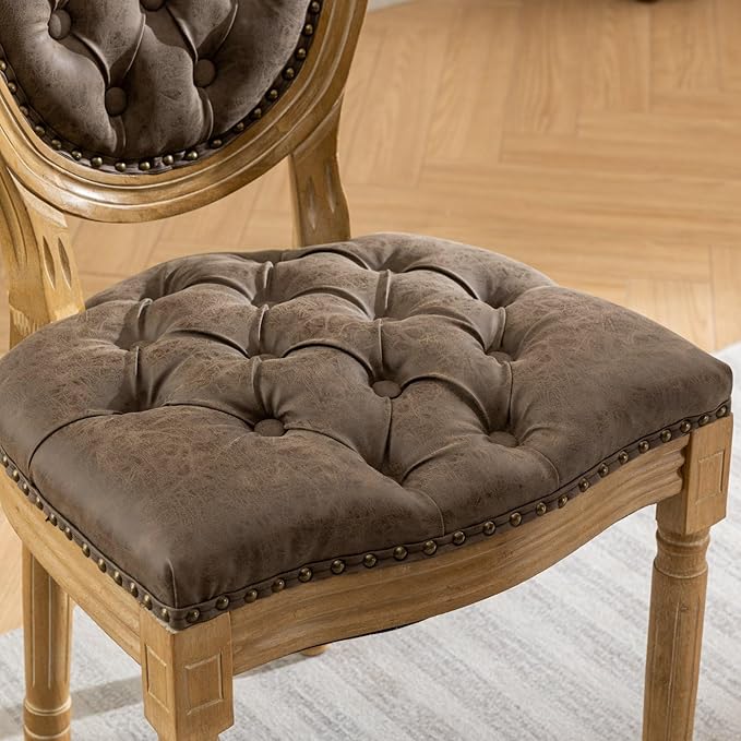 French Country Dining Chairs Set of 4,Farmhouse Upholstered Dining Room Chairs with Tufted Round Back&Solid Leg,PU Leather Kitchen Side Chairs for Kitchen/Bedroom/Dining Room,Brown