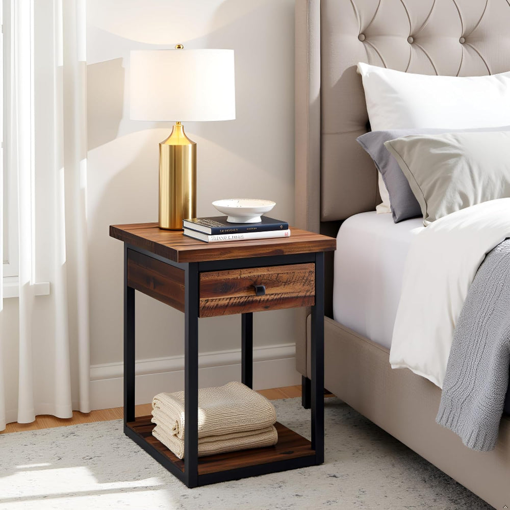 Claremont Rustic Solid Wood End Table with Drawer and Shelf – Farmhouse Accen...