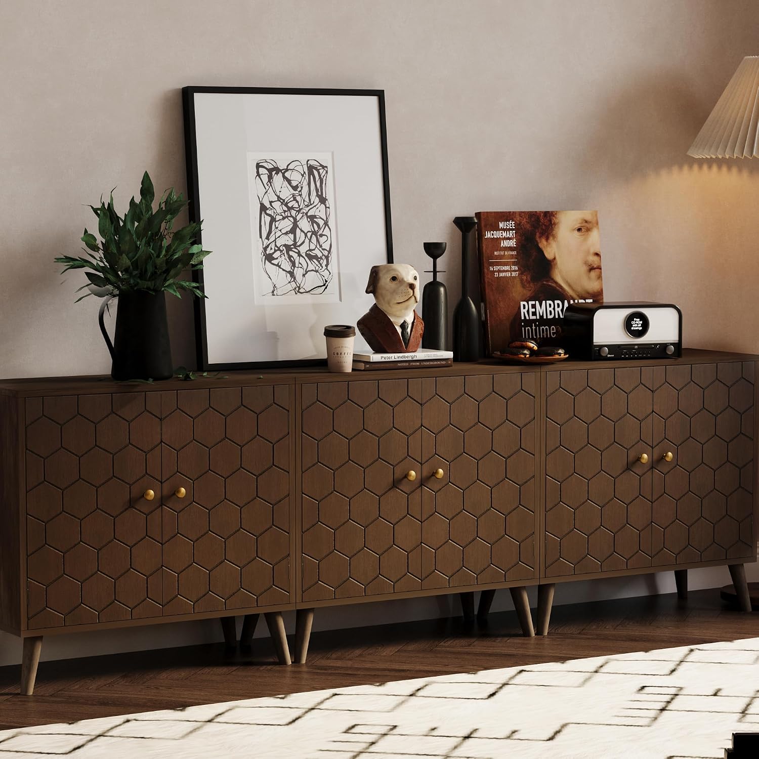 HOMPUS 3 Pieces Sideboard Buffet Cabinet, 32" Accent Cabinet with Doors & Shelves, Storage Cabinet with Honeycomb Pattern Doors, Modern Console Table for Kitchen, Living Room, Easy Assemble,Walnut