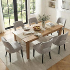 keoni Wooden Dining Chairs Set of 6, Mid Century Modern Upholstered Dining Room Chairs with Black Wood Legs, Fabric Farmhouse Kitchen Chairs with Foot Pegs for Dining Room, Light Grey