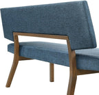 Armen Living Channell Mid Century Modern 5 Piece Walnut Wood Dining Table Set with Benches in Blue Fabric