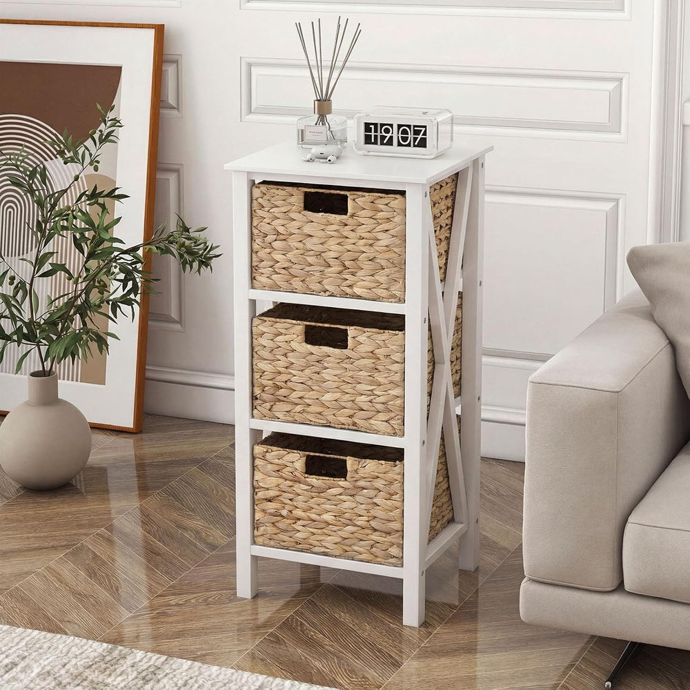 GOFLAME End Table with Wicker Drawers, Sofa Side Table with 3 Baskets, Rubber...