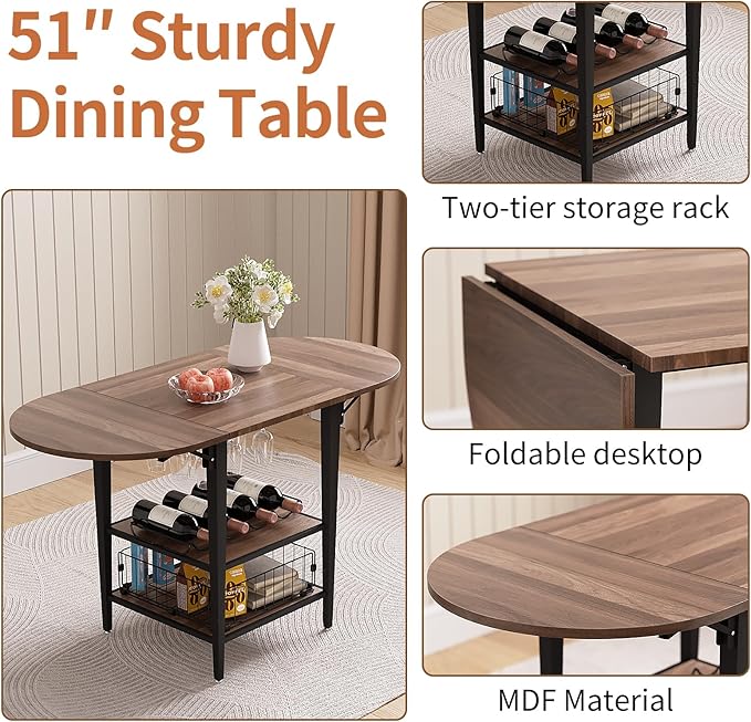 VFK Corner Dining Table Set with Storage Bench, 51” Folding Breakfast Nook Table and Stools, 3 Piece Kitchen Booth Dining Set for Small Space, Modern Dining Room Furniture