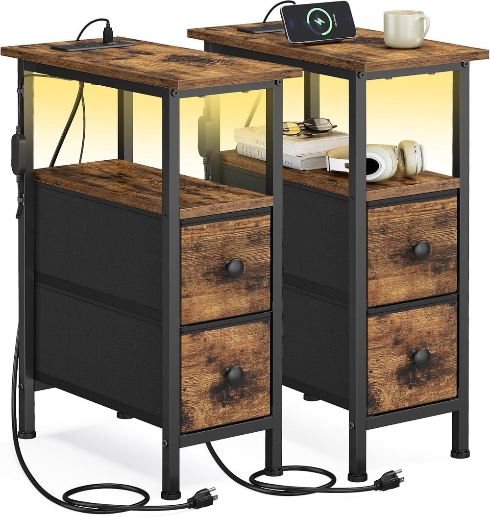 SONGMICS Side Table, Nightstand with Charging Station, End Table with LED Lig...