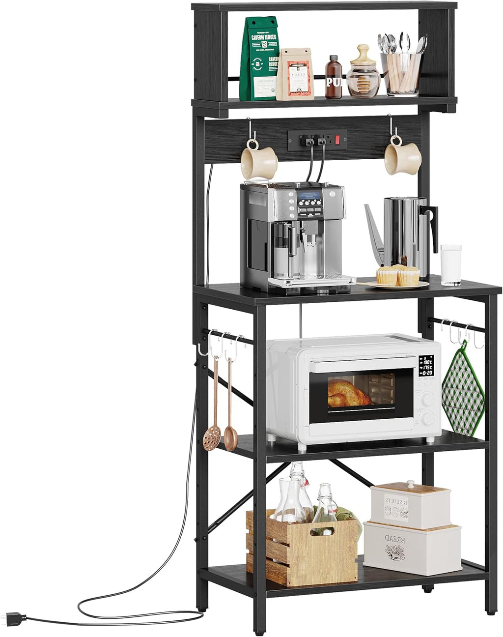 Bestier Bakers Rack with Power Outlet, Coffee Bar Table with Storage 5 Tiers, Standing Microwave Stand with 8 S-Shaped Hooks, Kitchen Storage Shelf Rack for Spices | Standing Microwave Stand with 8 S-Shaped Hooks, Kitchen Storage Shelf Rack for Spices