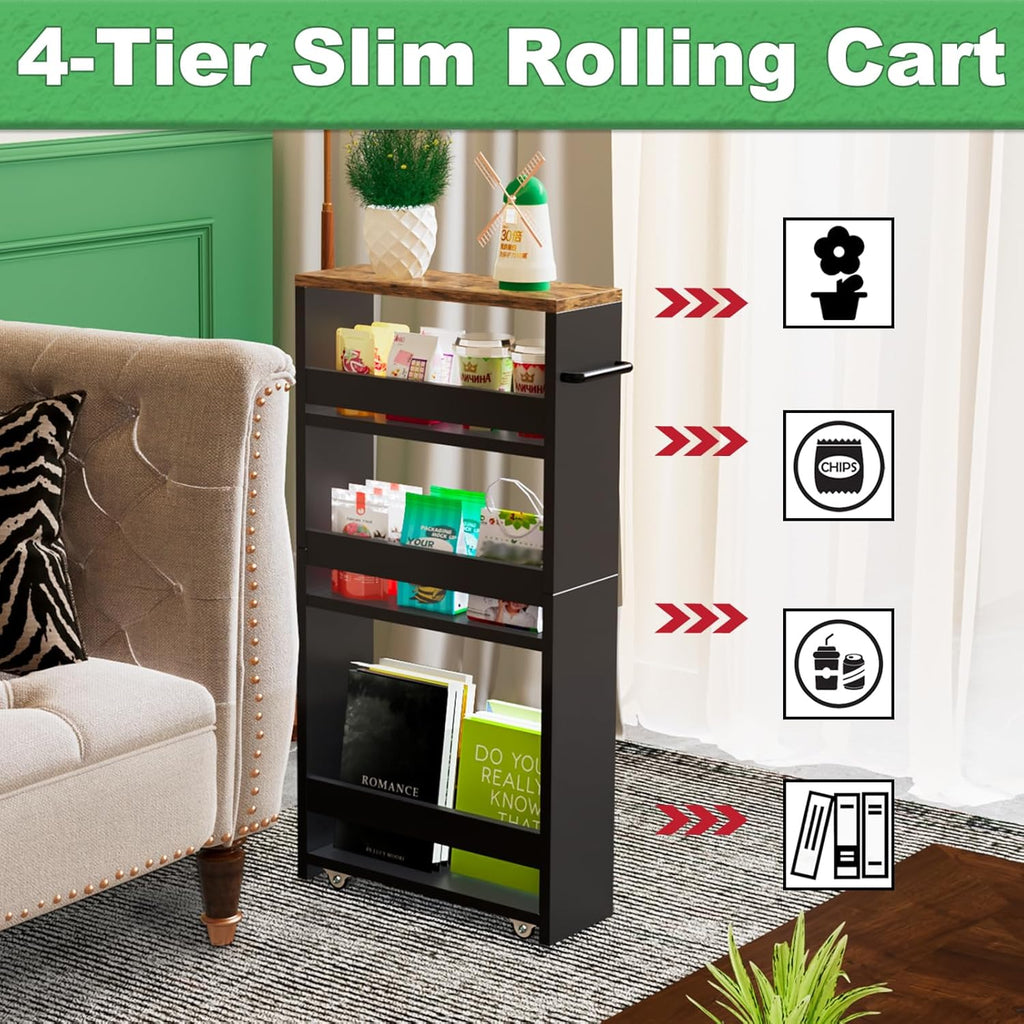 MARTY Rolling Storage Cart 4-Tier Black Kitchen Cart with Wheels, Slim Storage Cart with Handle Slide Out Utility Cart Shelving Unit Organizer Trolley for Laundry Narrow Places Bathroom Small Corner