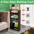 MARTY Rolling Storage Cart 4-Tier Black Kitchen Cart with Wheels, Slim Storage Cart with Handle Slide Out Utility Cart Shelving Unit Organizer Trolley for Laundry Narrow Places Bathroom Small Corner