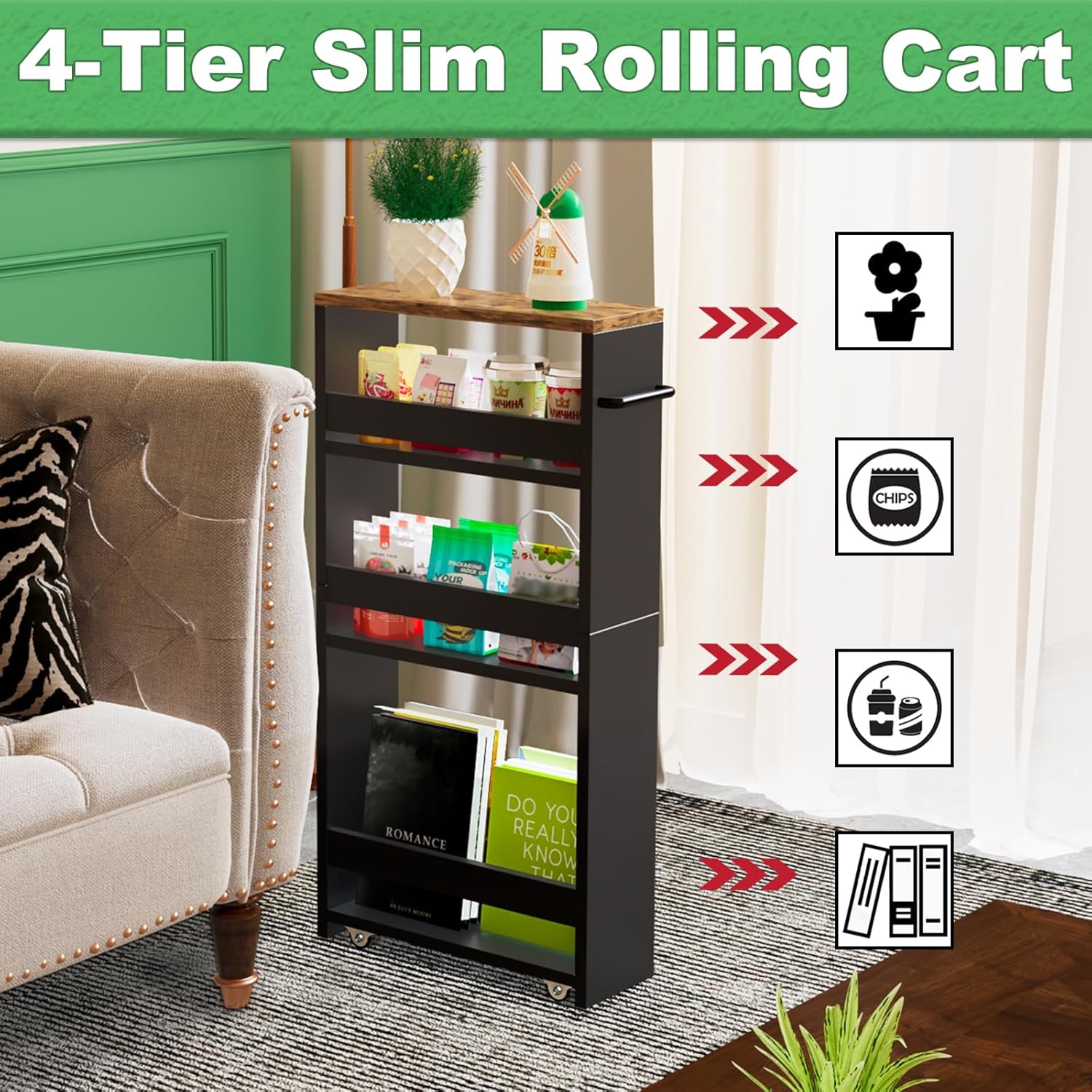 MARTY Rolling Storage Cart 4-Tier Black Kitchen Cart with Wheels, Slim Storage Cart with Handle Slide Out Utility Cart Shelving Unit Organizer Trolley for Laundry Narrow Places Bathroom Small Corner