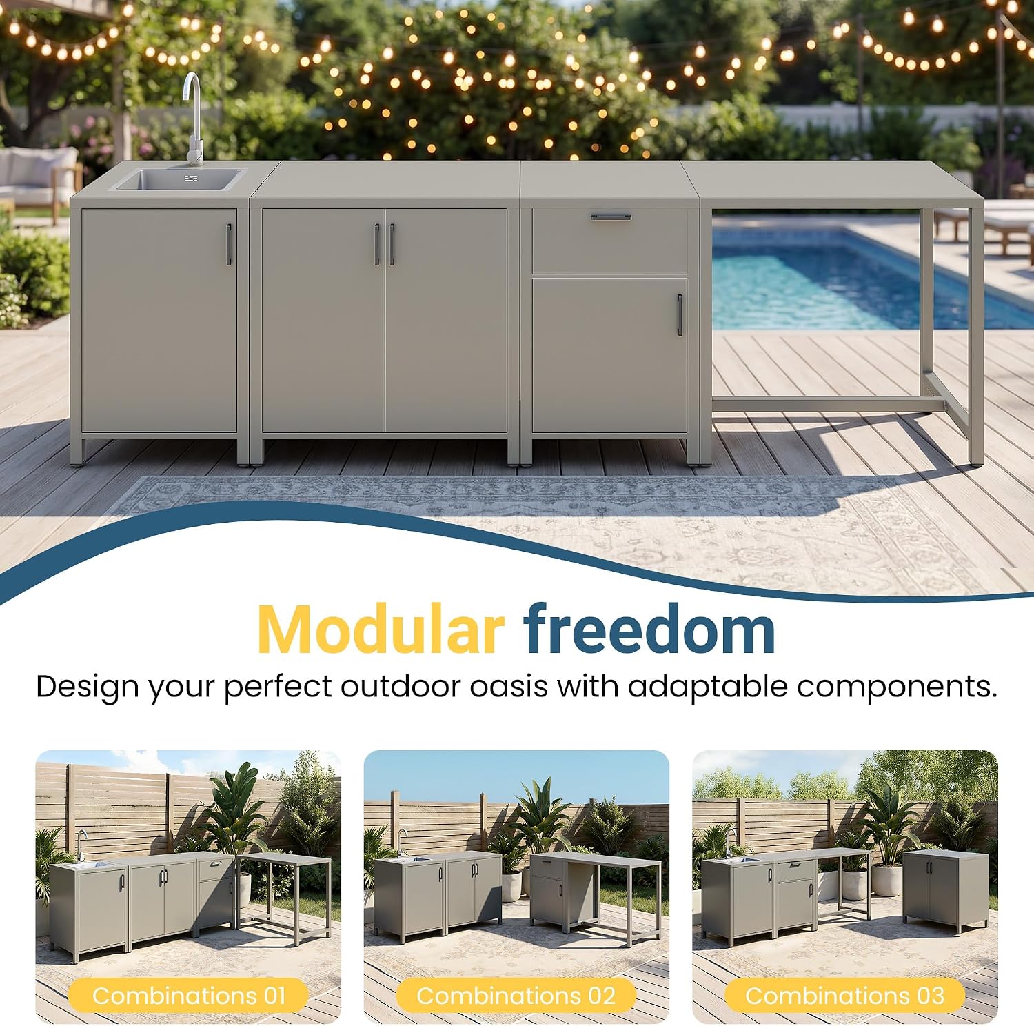 Wisteria Lane Outdoor Storage Cabinet with Drawers, Aluminum Modular Outdoor Kitchen, All Weather Kitchen Island for Patio, BBQ, Backyard