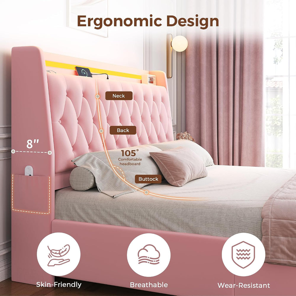 Queen LED Velvet Bed Frame with 2 Storage Drawers&Hidden Headboard, Uphol...