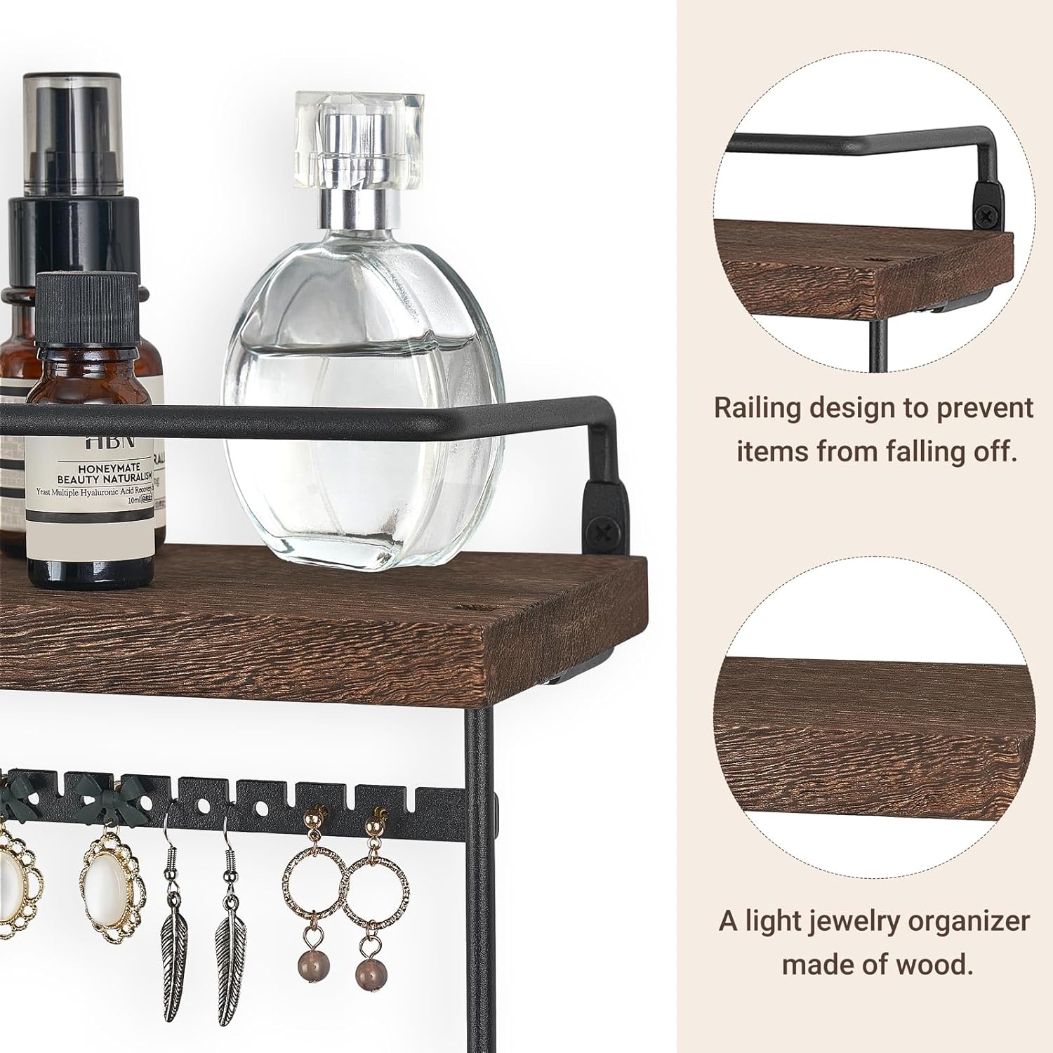 Mkono Hanging Jewelry Organizer Wall Mounted Jewelry Organizer Necklace Holder with Rustic Wood Shelf, Ring Display Box, Ear Studs Earring Holder Bracelet Organizer (Brown)