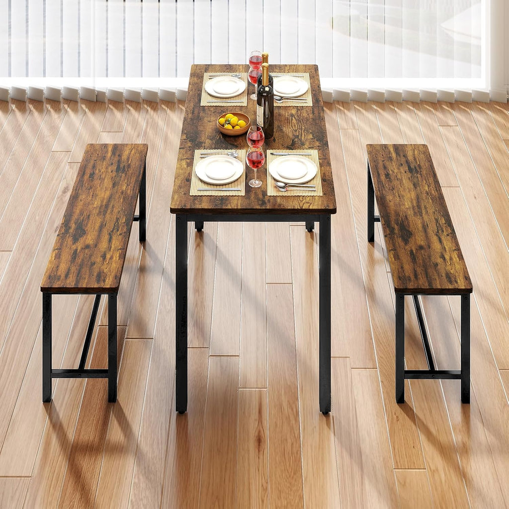 Rovibek Dining Table Set for 4 with 2 Benches – Space-Saving Kitchen Table Set for Kitchen & Dining Room, Rustic