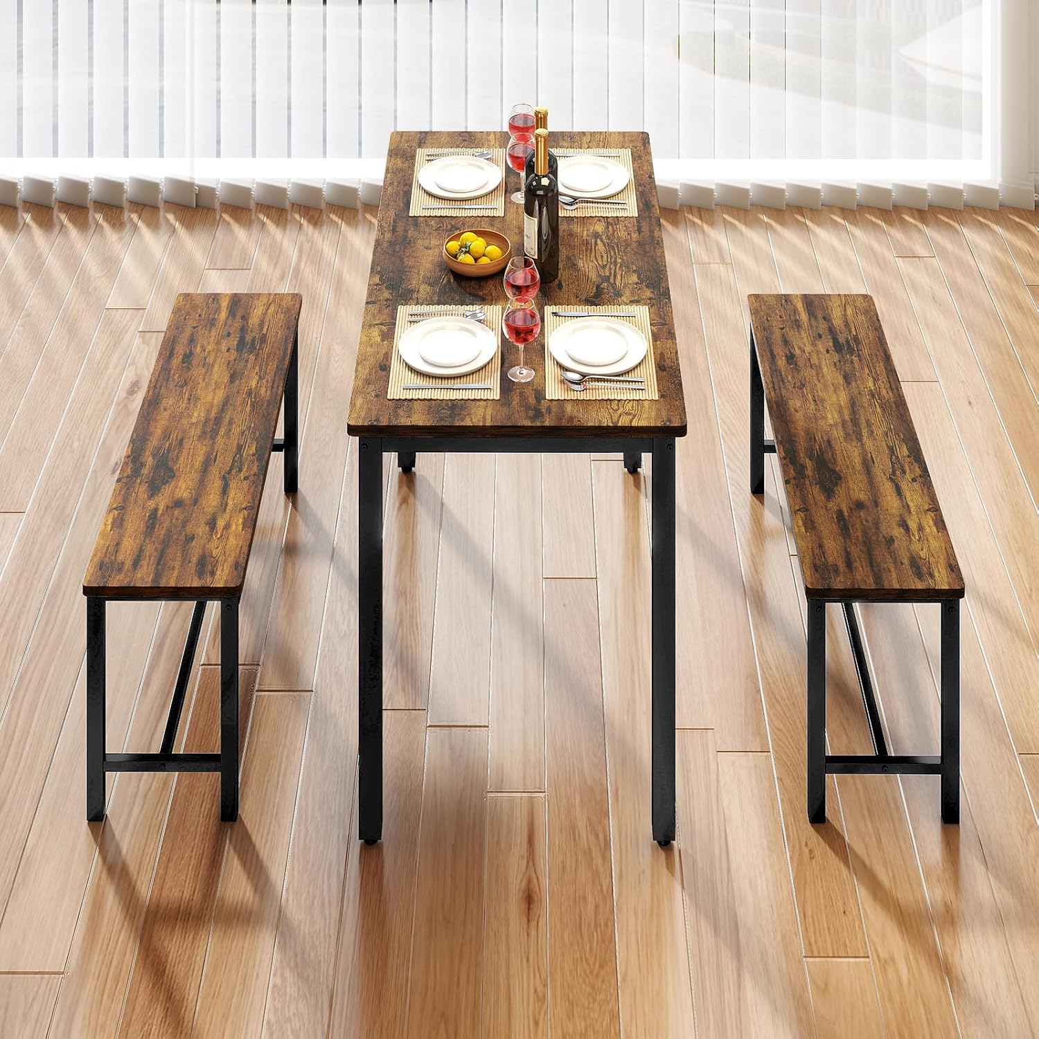 Rovibek Dining Table Set for 4 with 2 Benches – Space-Saving Kitchen Table Set for Kitchen & Dining Room, Rustic