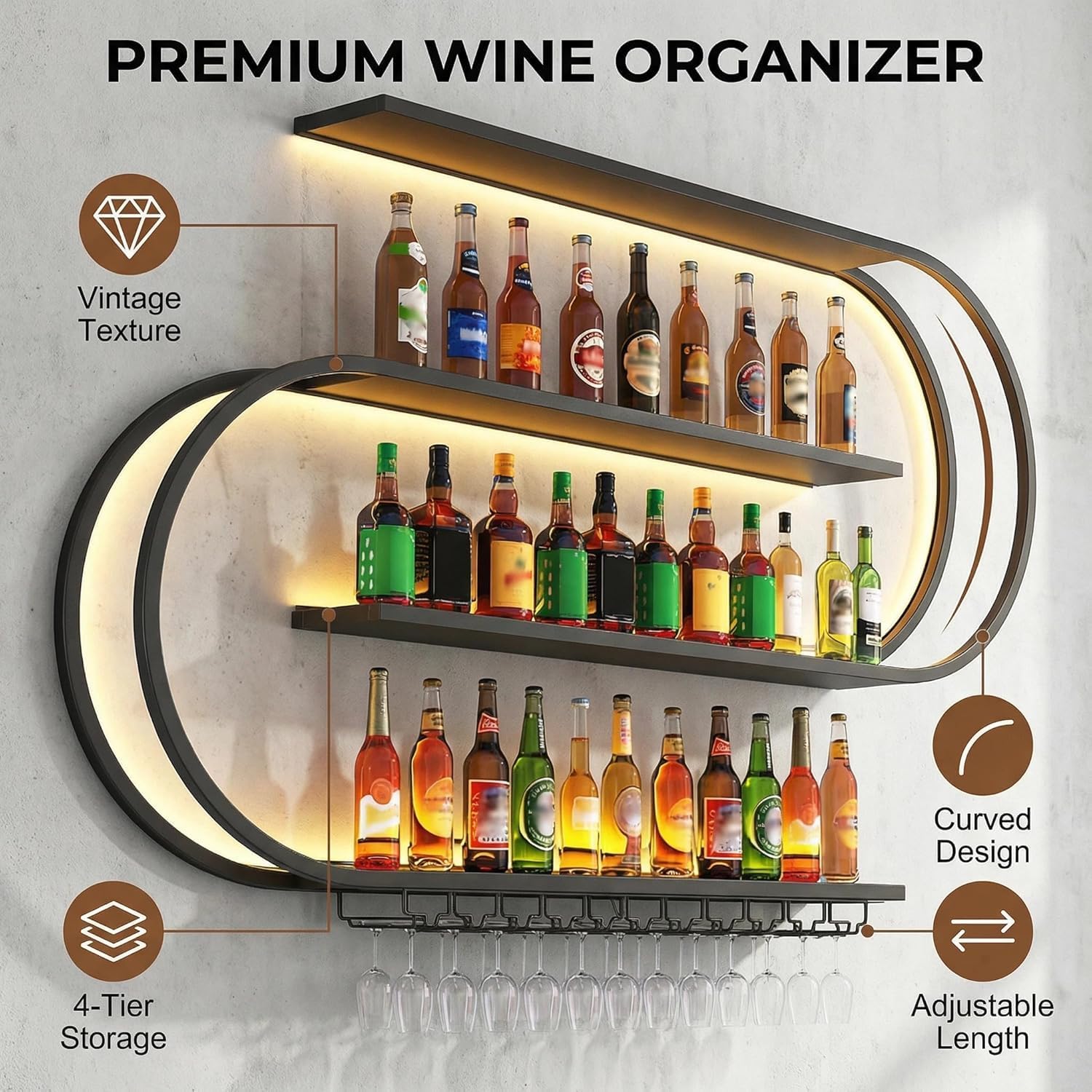 Wine Rack Wall Mounted, 4 Tier Wall Wine Rack with LED Light, Modern Wine Bottle Holder with Wine Glass Hooks, S-shaped Hanging Liquor Storage Display Shelf for Bar (47.24'' * 7.87'' * 59.05'')