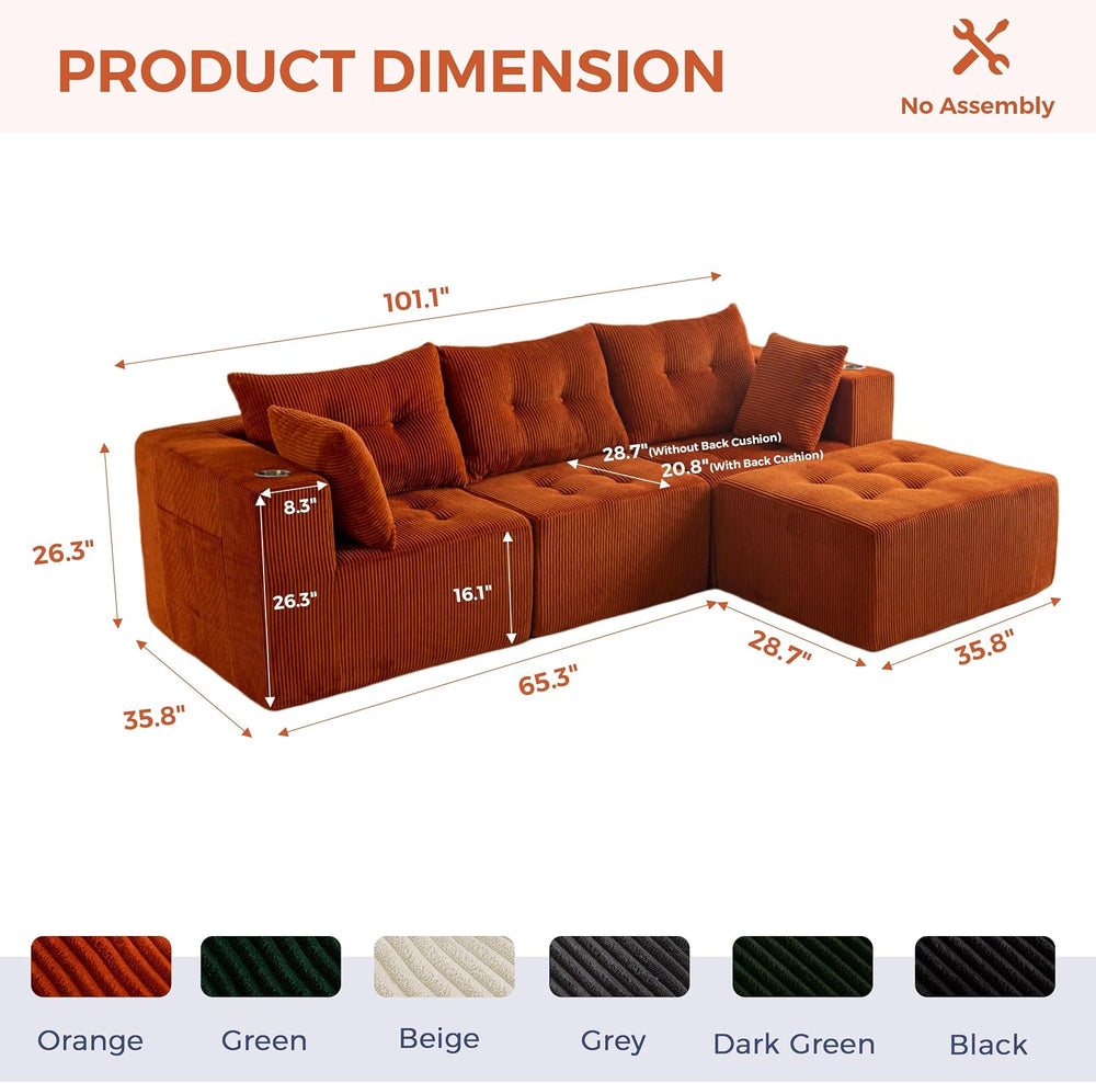 MAXYOYO Couch, L-Shaped Modular Cloud Couch, 4-Seat Sofa, Ottoman | Orange Tu...