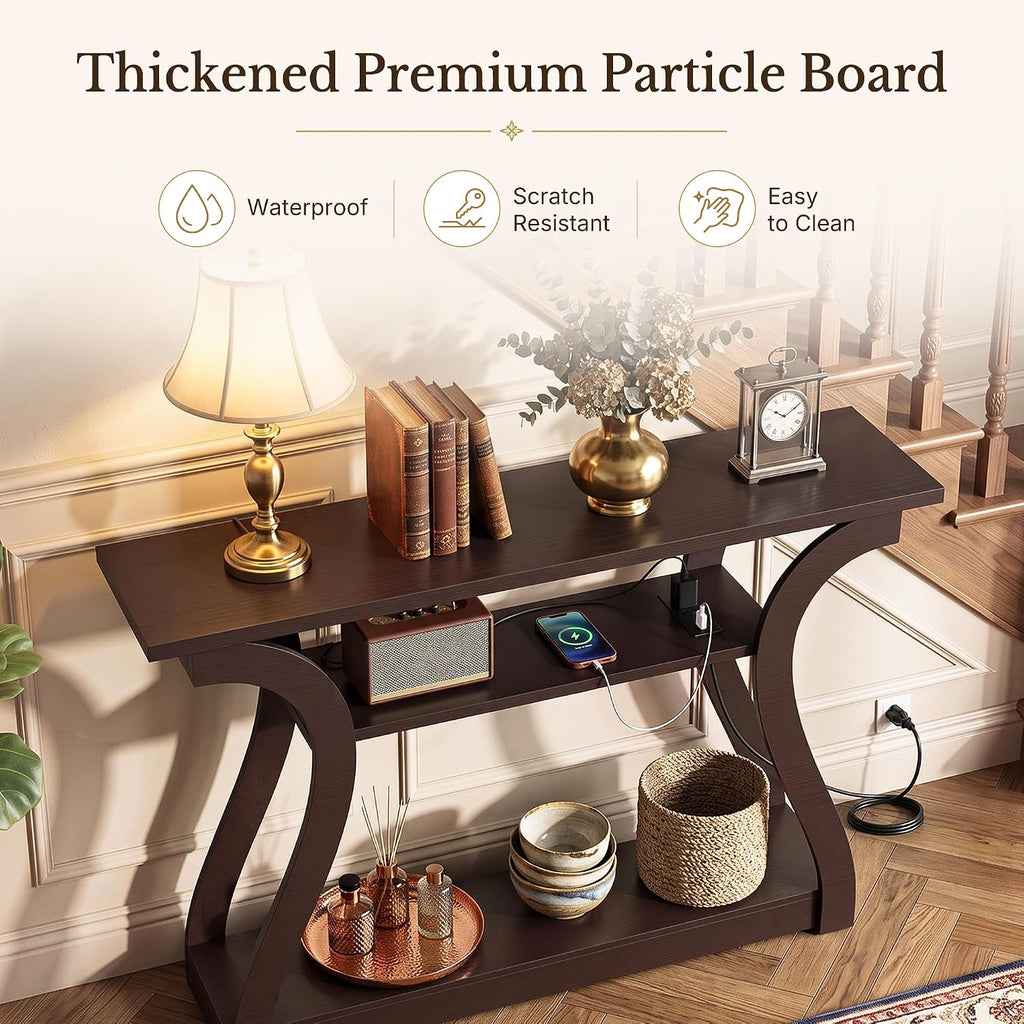 ZenStyle Wood Console Table with with Charging Station, 3 Tier Modern Accent Sofa Table for Entryway, Living Room, Hallway, 53 in Wide, Easy Assembly