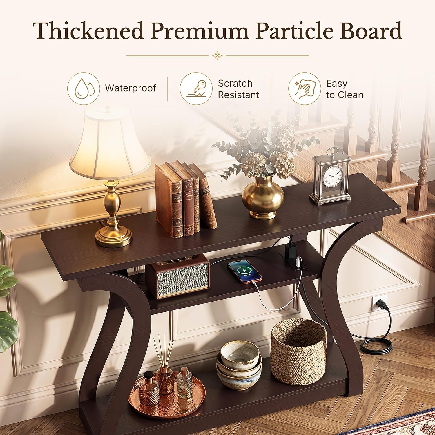 ZenStyle Wood Console Table with with Charging Station, 3 Tier Modern Accent Sofa Table for Entryway, Living Room, Hallway, 53 in Wide, Easy Assembly
