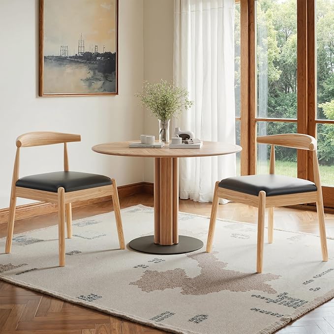 Farini Mid Century Modern Dining Chairs Set of 2, Solid Wood Frame Kitchen Chairs with PU Leather Upholstered Seat for Dining Room & Breakfast Nook,Natural-Black