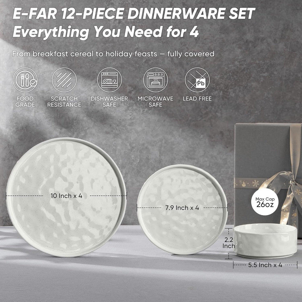E-far Stoneware Dinnerware Set, 12-Piece White Plates and Bowls Sets for 4