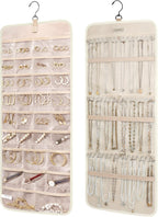 BAGSMART Hanging Jewelry Organizer Storage Roll with Hanger Metal Hooks Double-Sided Jewelry Holder for Earrings, Necklaces, Rings on Closet, Wall, Door, 1 piece, Large, Beige