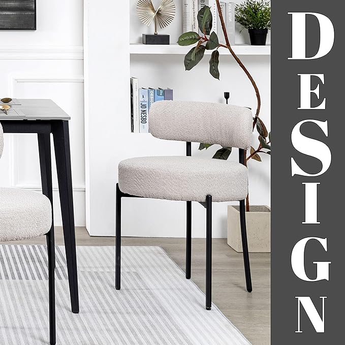 DYHOME Light Grey Boucle Dining Chairs Set of 4, Upholstered Kitchen Dining Room Chairs with Metal Legs, Round Modern Dining Room Chairs
