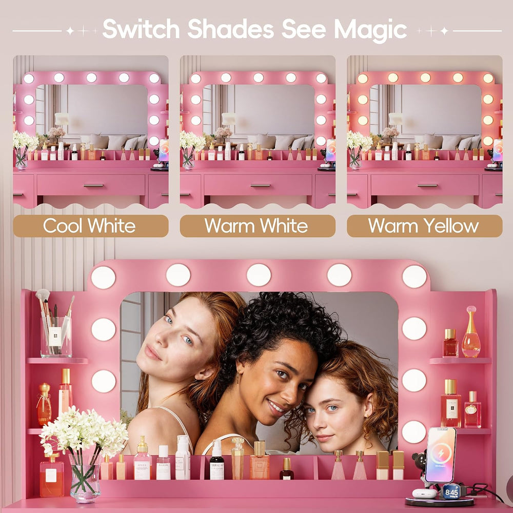 Furmax Vanity Desk with Hollywood Style Mirror with LED Lights, Makeup Table ...