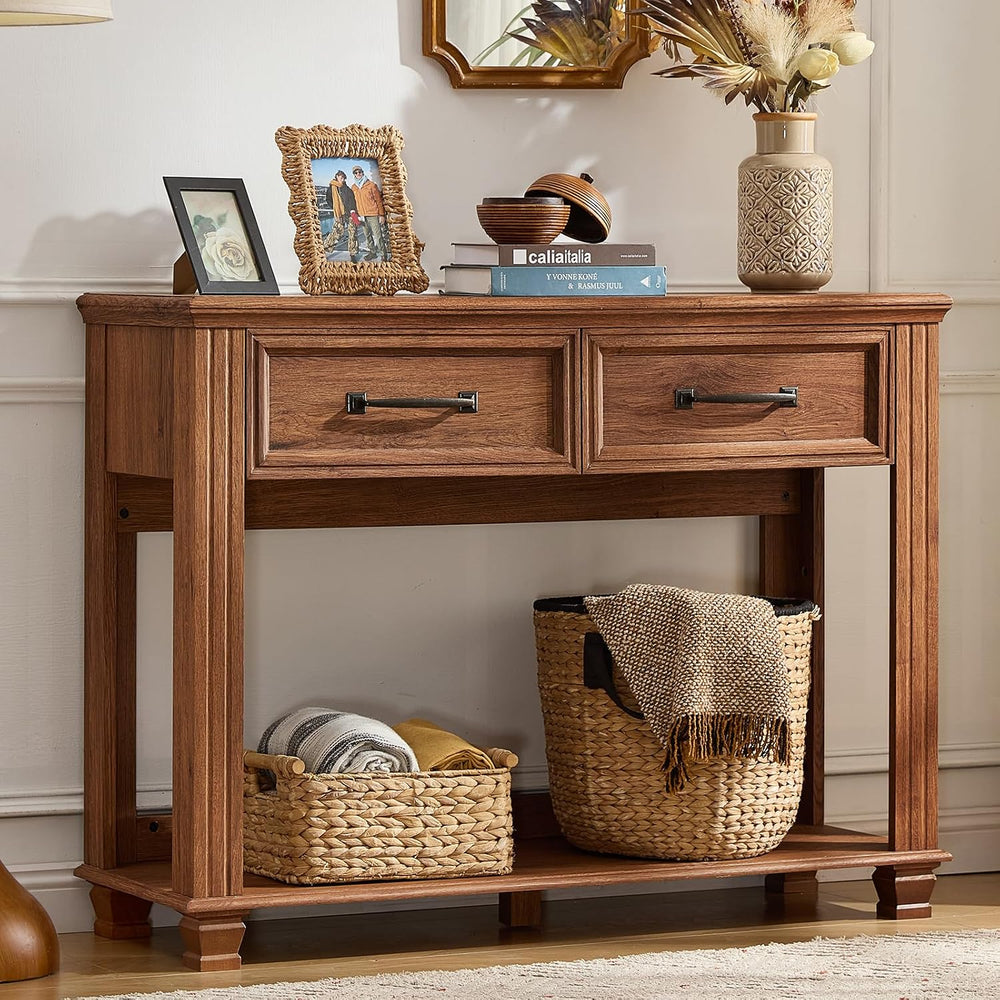 SAVOR LIFE 46" Farmhouse Console Table with Drawers, Brown Entryway Tabl...