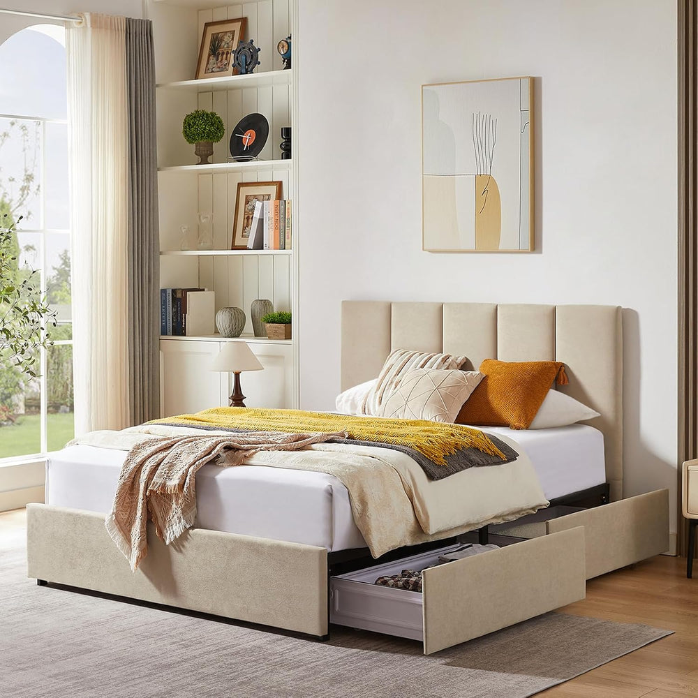 VELOCAVA Queen Size Upholstered Storage Bed Frame with 4 Drawers, Modern Line...